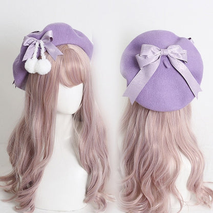 Pom-poms With 9 Sweet Girly-Style Bowknots Colors Beret And Cute