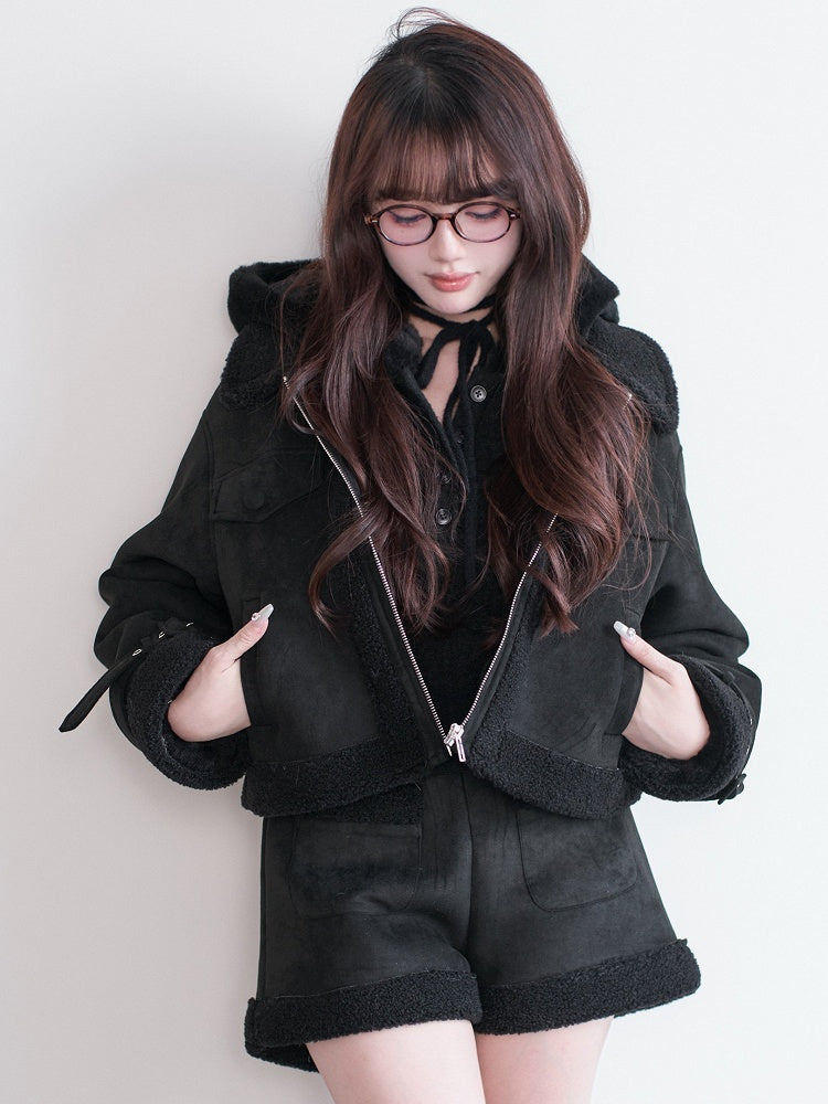 Kei Hooded Cropped with Strap Black Jirai Jacket Details Zippered