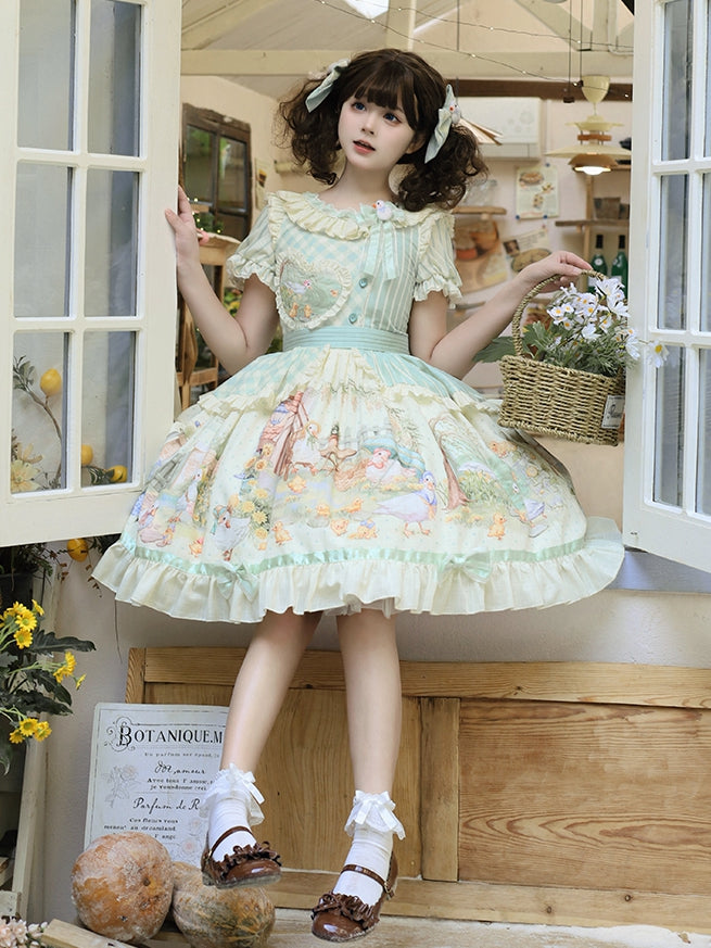 Lolita Short Duckling Sunflower Sweet Print and Sleeves Dress