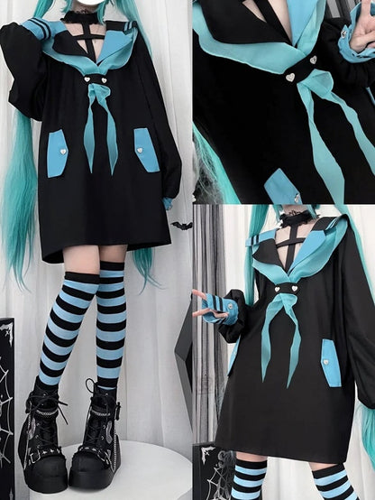Style Landmine Black Futuristic Sailor Collar  Cross Halter Neck Long Top with Contrast Green