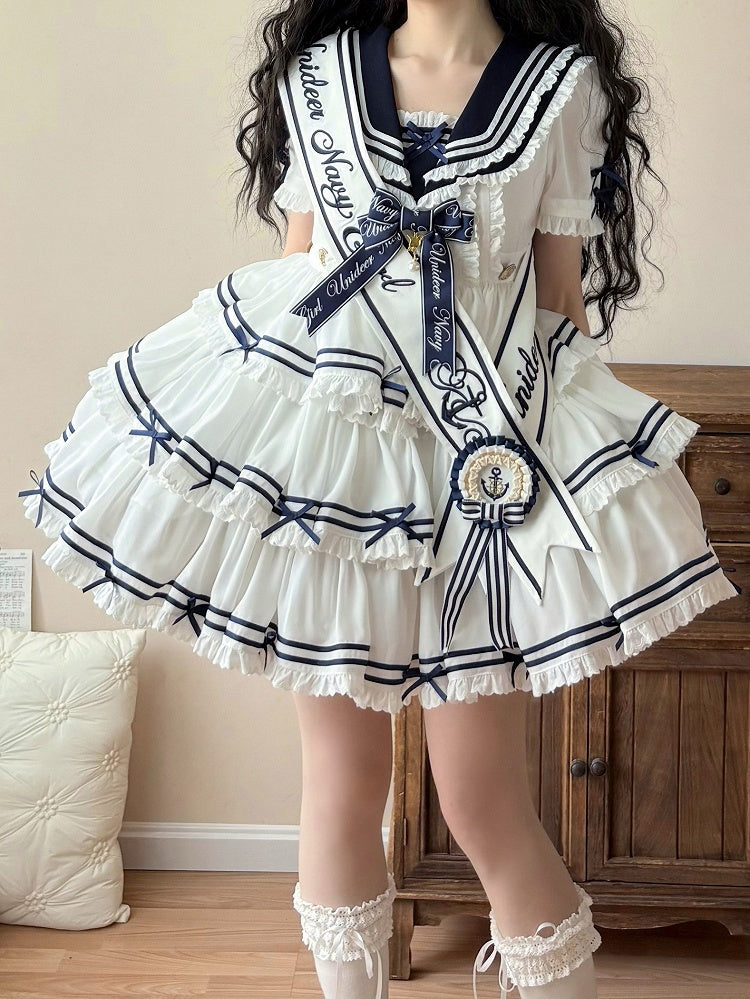 Ribbon White Dark Blue / Embroidered