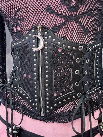 Korsettgürtel mit Schnürdetail und Halbmond-Reißverschluss, schwarz, Punk-Taille
