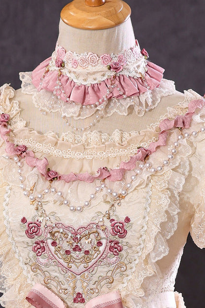 Beige Hanayome Rosette Stickerei Blumen und Perlenkette Lolita OP Komplettset
