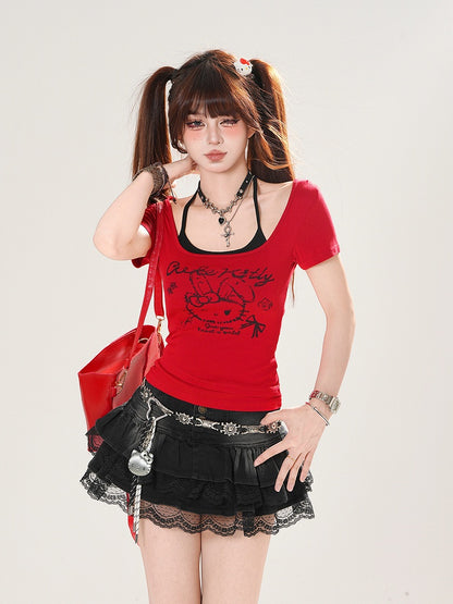 トップTシャツホルタープリントセットバニーレッド/ホワイトネックブラック