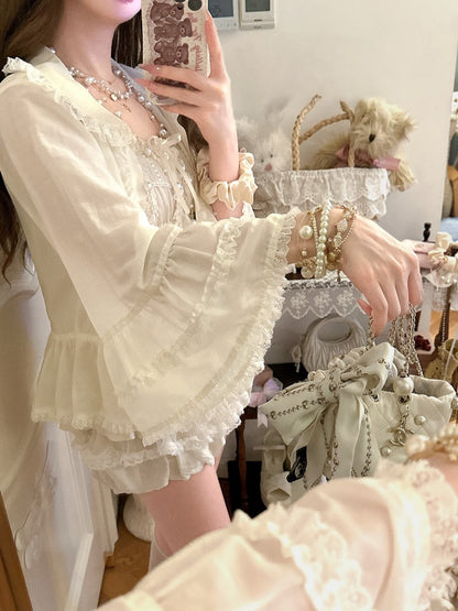 Sun-protective Apricot Bell Sleeves Ruffled With Cardigan