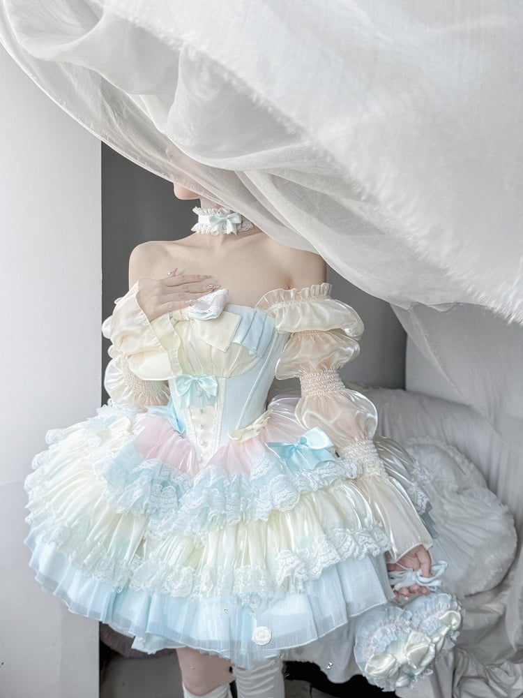 Süßes Lolita-Ballettkleid, blauer gestufter rosa Rock, gelbe Korsett-Taille