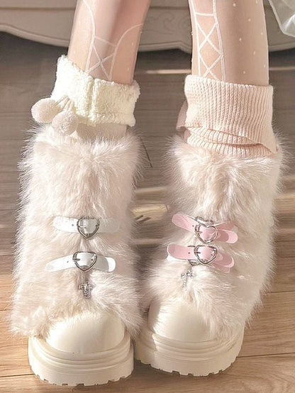 Black Heart-shaped Buckle Bow Shaggy Boots