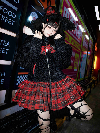 Black Kitty Ears Hooded Plush Jacket Bodice and Red Plaid Skirt Hem Zip Placket Dress