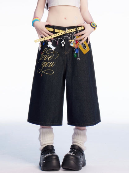 Wide-leg Jeans Print Vintage Letter Waist Charm and Black Low