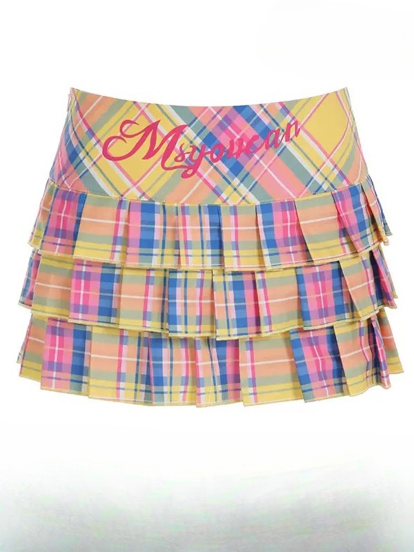 Drucken Bunter Rock Y2K Plissee Muster Plaid Buchstabe