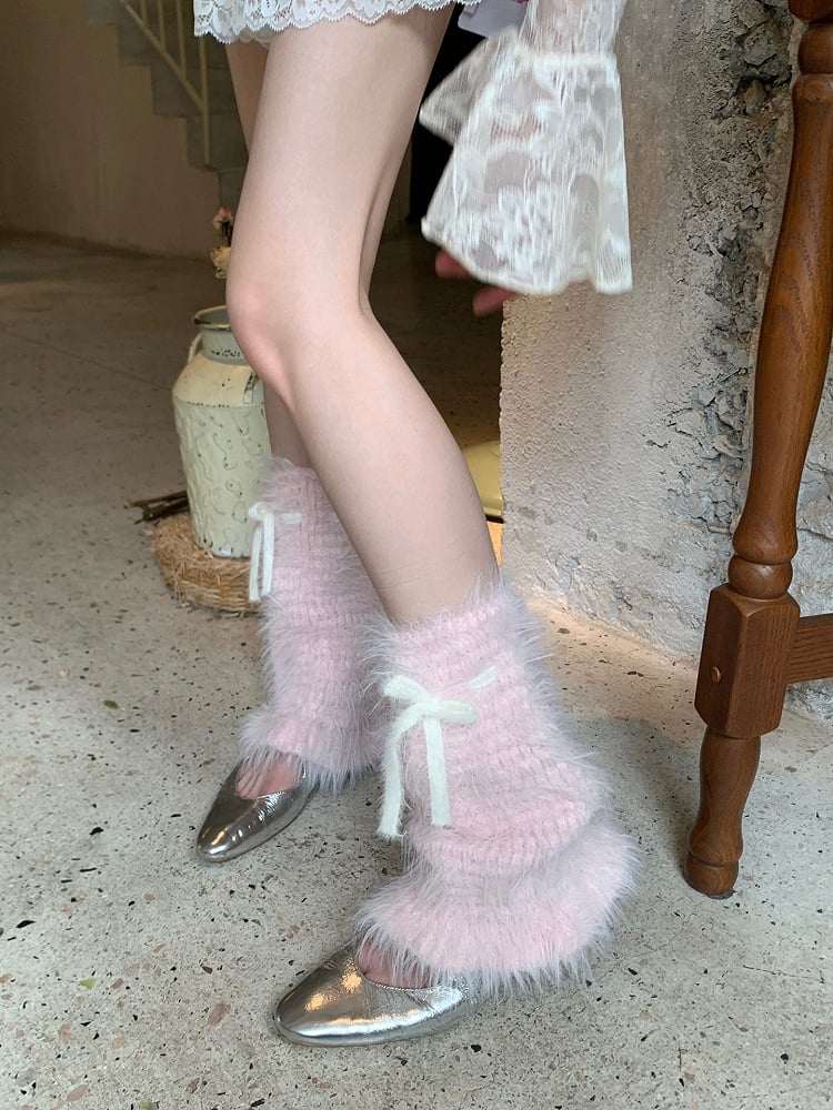 Fluffy Knit Bow Leg Warmers - Sweet Lolita Kawaii Accessory | LilyVow
