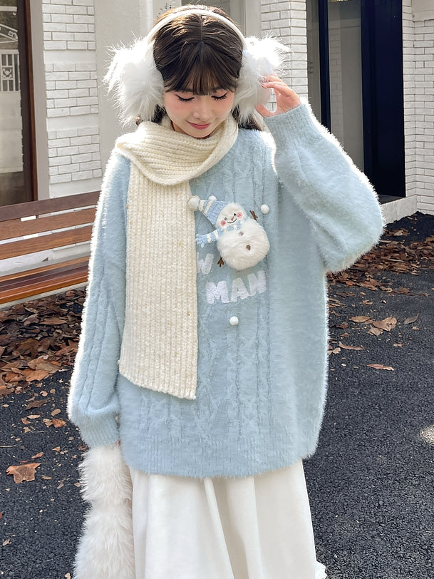 Cute Snowman Adorned Blue Mohair Soft Sweater