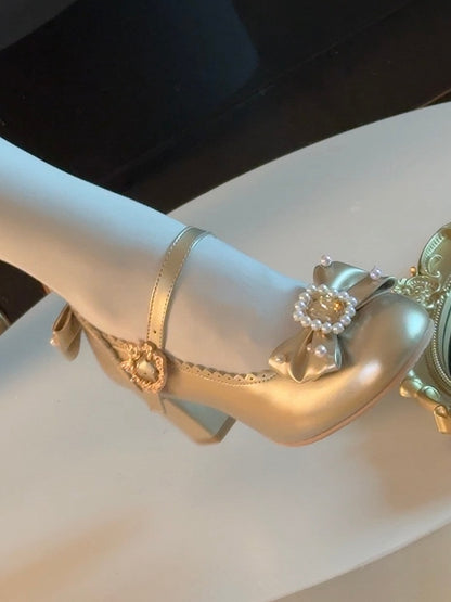 And Details Beaded Round Bowknot Mary Decorated Toe Rhinestone Janes Gold