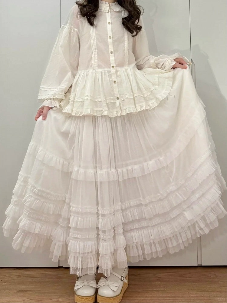 Jupe blanche Lolita ample à volants et ourlet en tulle multi-couches