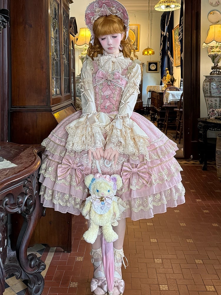 Schleife Kette Perlen Ausschnitt Rosa Lolita Kleid Prinzessin Blume Wunderschöne