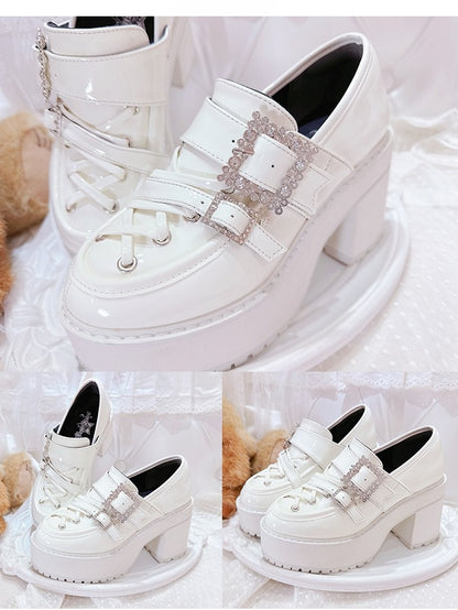 Kei Crossed Glossy White Straps Block Chunky Platform Crystal with - Heel Jirai Loafers Buckles