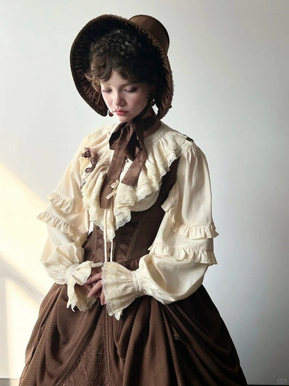 with Blouse Sleeves Long Ruffled Yellow Lace-Up Light Front