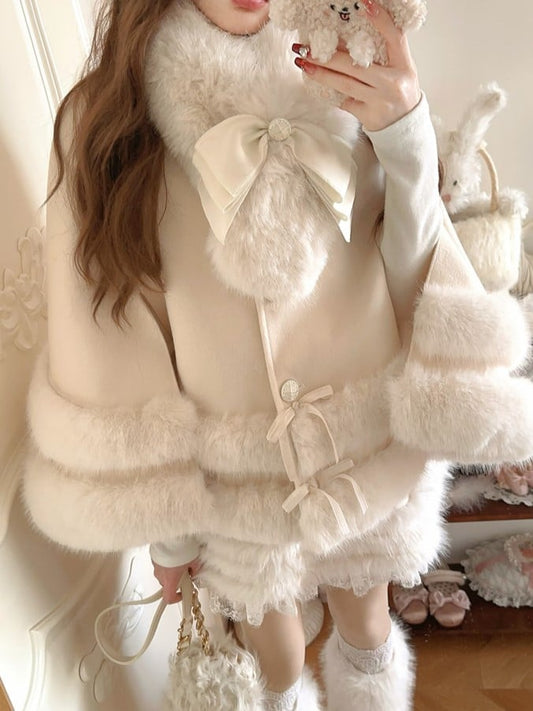 Faux Fleece Cloak White With Fur-Trimmed Bow Accents Creamy
