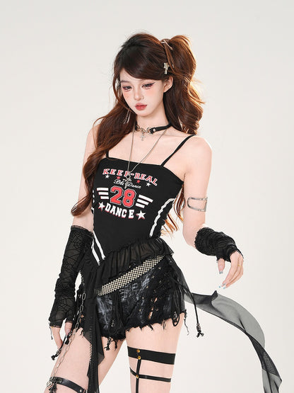 アクセントキャミソール ブラック/ホワイト トップ ラッフル カスケードプリント ナンバー