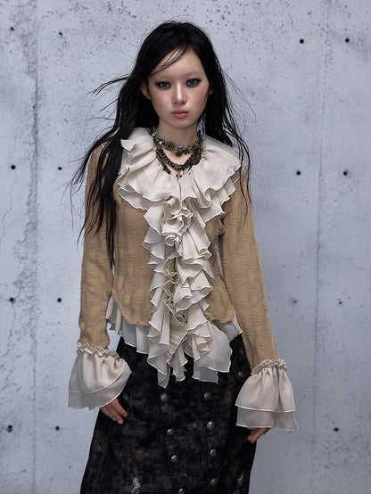 Ruffled Cuffs Khaki Top Bell Sleeve with Jabot Flounced Long