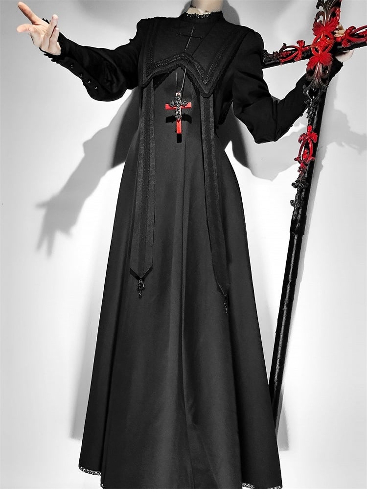 Embroidery Nun Halloween Sleeves Leg-of-Mutton Dress Black Outfits Lolita Cross