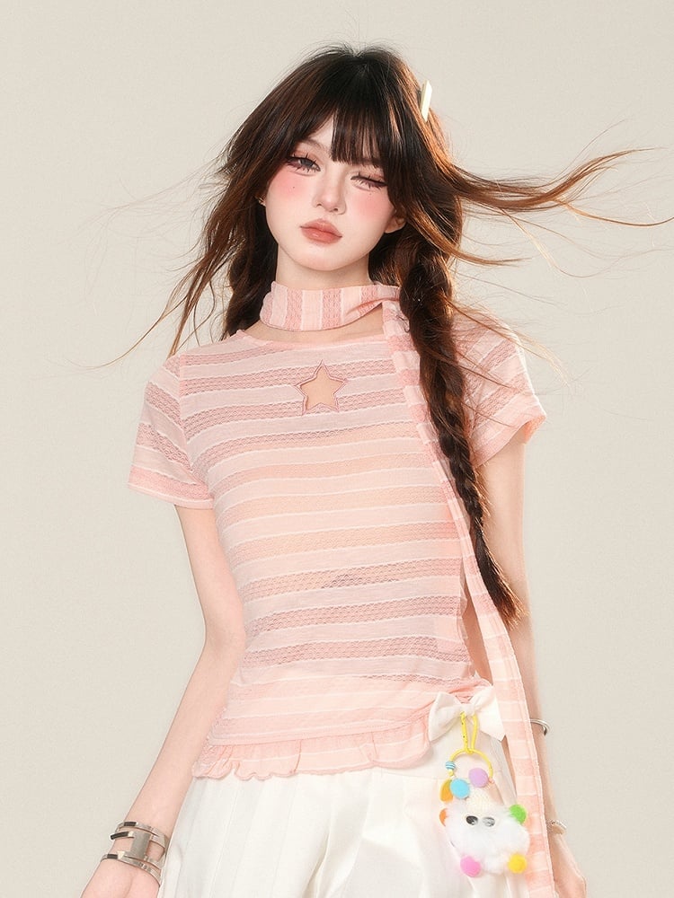 Scarf Star-shaped Cutout Pink Stripes Detail Glamorous T-Shirt with Free