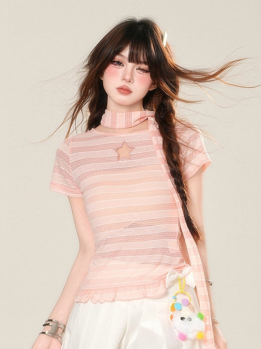Scarf Star-shaped Cutout Pink Stripes Detail Glamorous T-Shirt with Free