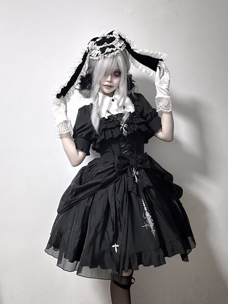 Black with Jumper Gothic Overlay Drawstring Boned Detachable Waist Lolita Skirt