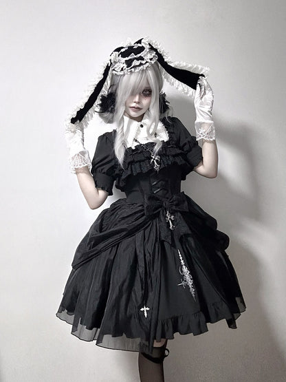 Black with Jumper Gothic Overlay Drawstring Boned Detachable Waist Lolita Skirt