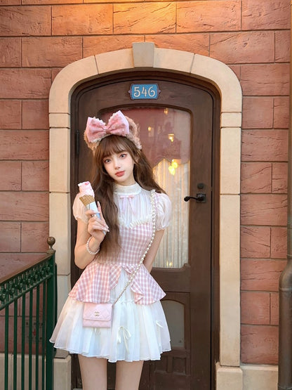 With Two-Piece Faux Pink Dress Pattern Plaid White