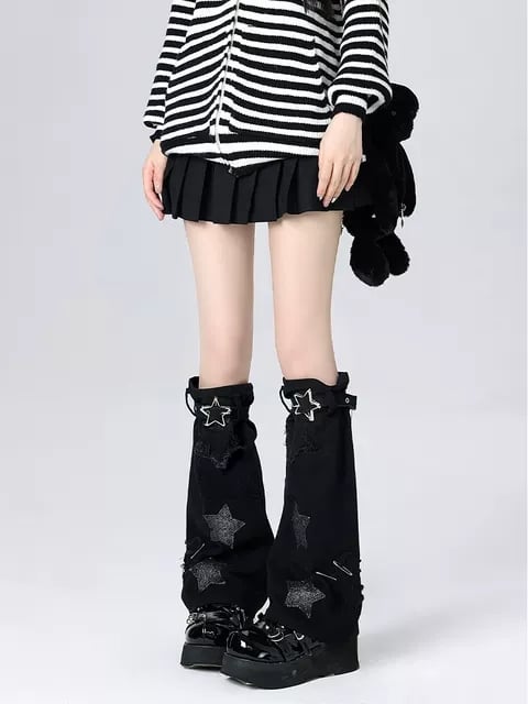 Leather Warmers Buckle Black/White Y2K Pattern Leg Star Design