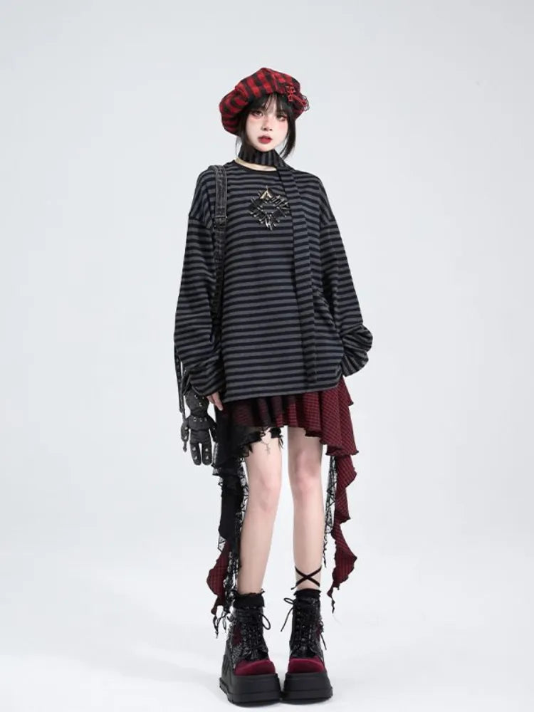 Rock Plaid Rot/Schwarz Schwarz Rosa Spitze Panel Unregelmäßigen Saum und