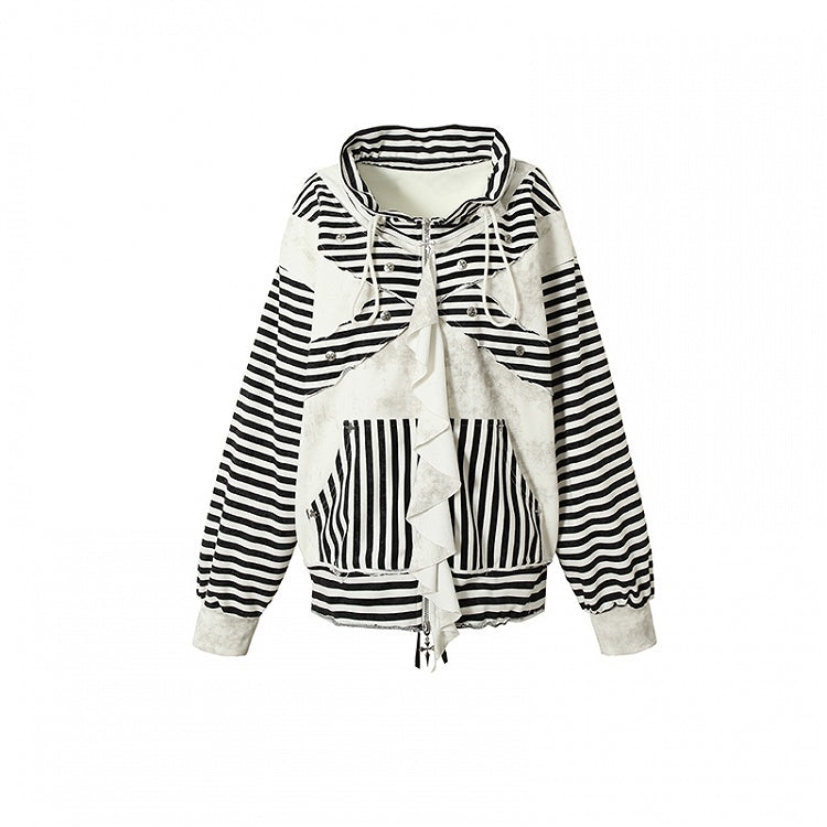 Black and White Stripe Print Jacket with Flounce Hem