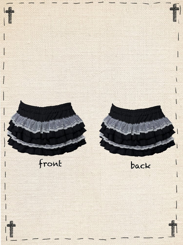 Tiered Cross Skort Gothic Black/White Elastic Waist Lace Trim Bloomers