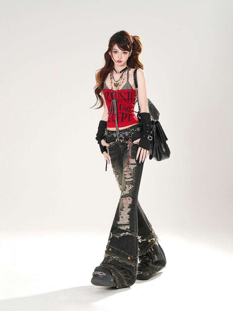 Faux Neckholder Zweiteiler Buchstaben Rot/Grau Top Print