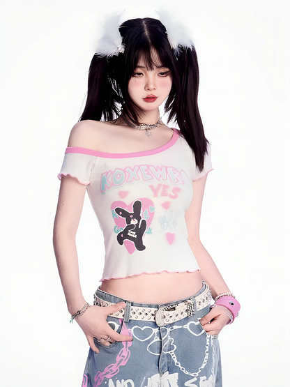 Asymmetrical Neckline Cute Bunny Print Pink Lettuce Hem White
