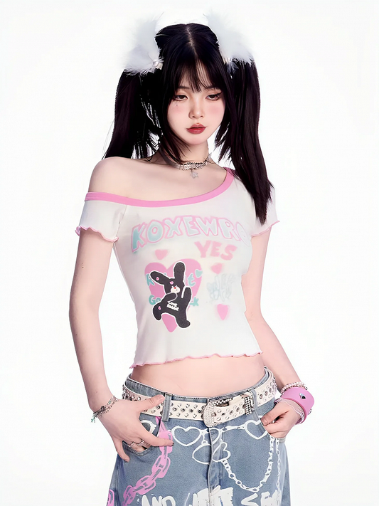Asymmetrical Neckline Cute Bunny Print Pink Lettuce Hem White