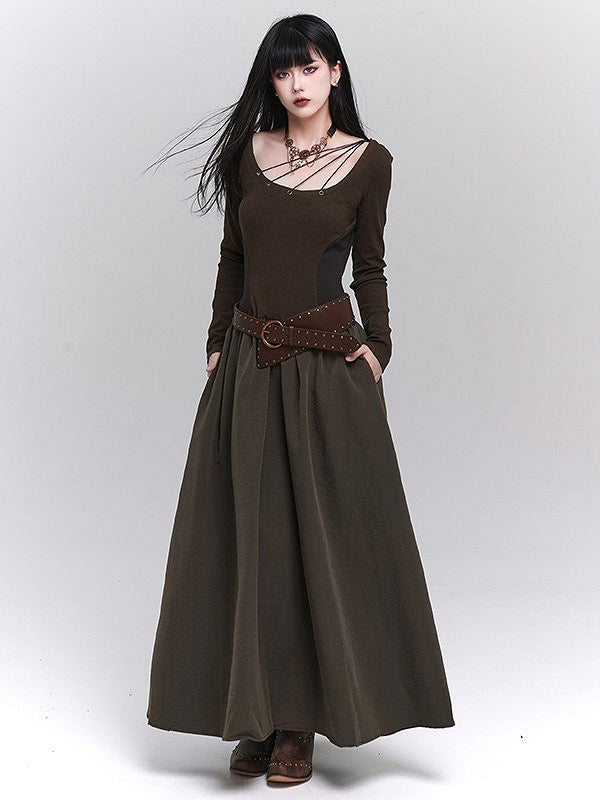 Alloy Brown Punk Buckle with Studded Waist Belt PU