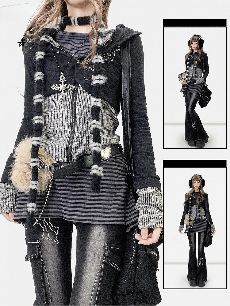 Striped Black Fake Two-Piece Pattern Hoodie Accents Jacket Rhinestone