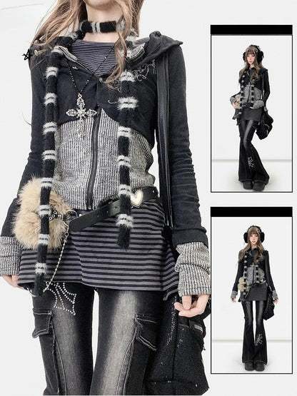 Striped Black Fake Two-Piece Pattern Hoodie Accents Jacket Rhinestone