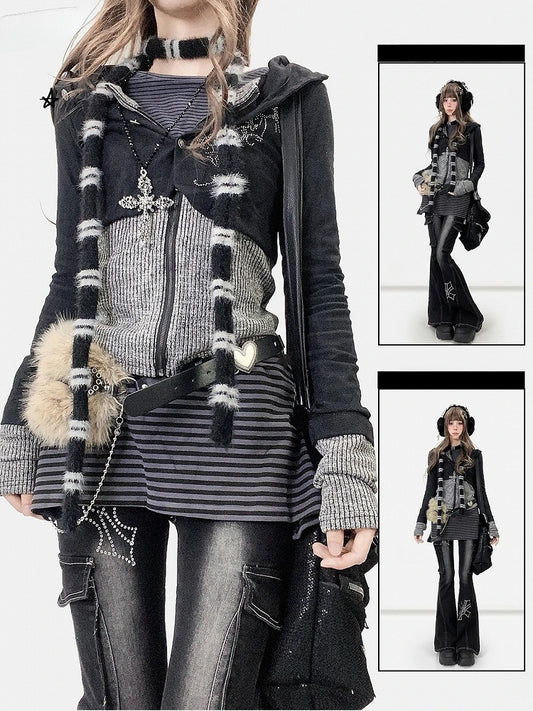 Striped Black Fake Two-Piece Pattern Hoodie Accents Jacket Rhinestone