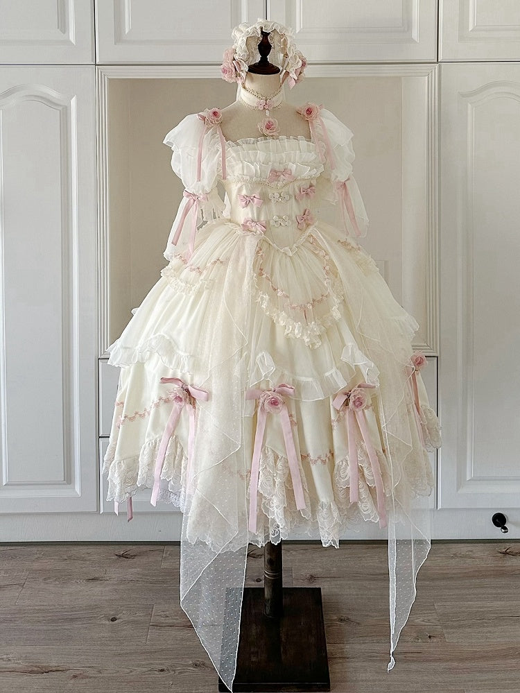 Beige Floral Fairy Basque Waist Bowknots Decoration Hanayome Lolita OP / Full Set