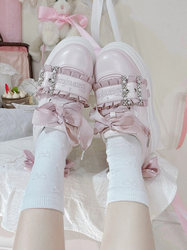 Platforms Kei Design Bow Pink Jirai Beaded Buckle Shoes Accents