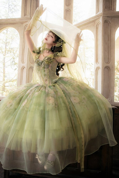 Green Oil Painting Lolita Layered Tulle Skirt - Nine Odes