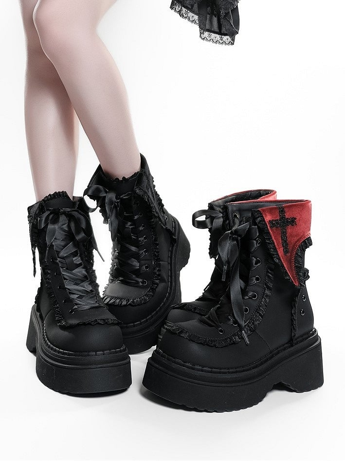 Red Gothic Studded Ankle with Accents Cross Boots Platform Details Black