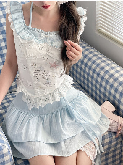 ゆめかわいいブルーのリボンディテールウエストティアードスカート