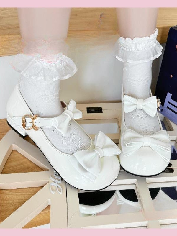 Round with Leather Shoes Lolita PU Sweet - Toe White Delicate Bow