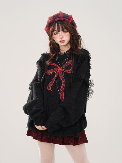 Bittersweet Kawaii Black Distressed Sweater with Red Plaid Bow Embroidery