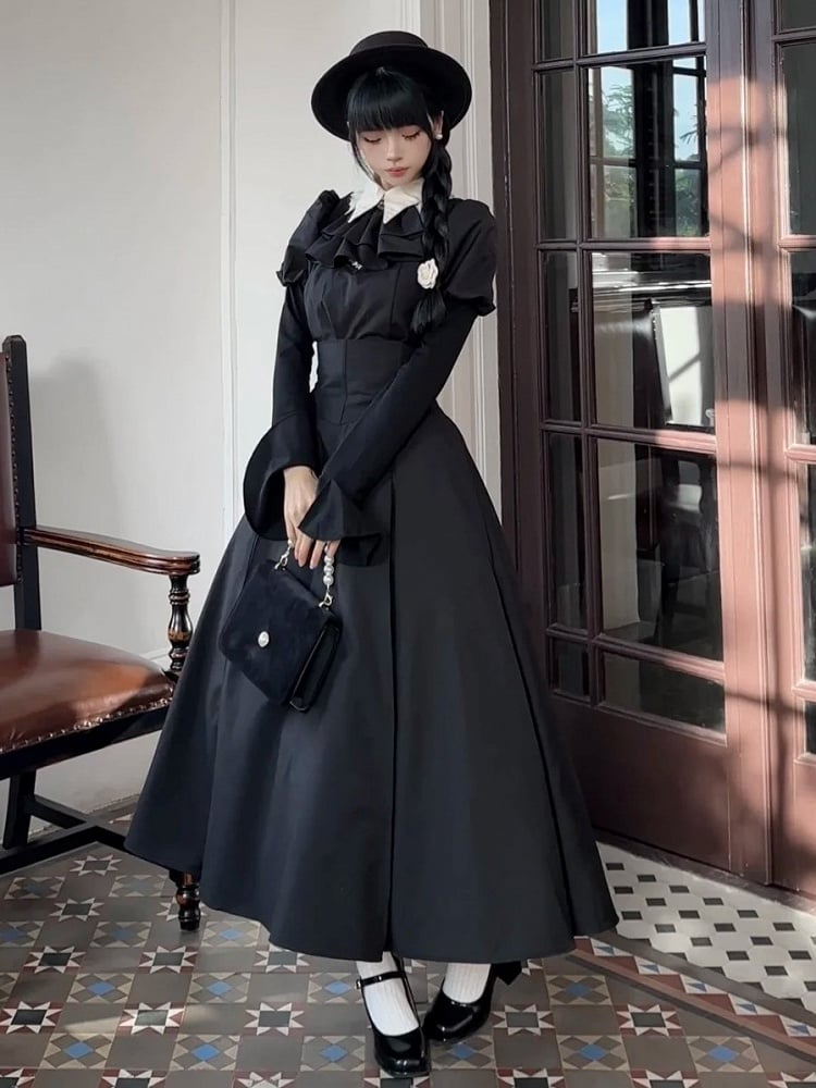 Juliette Lolita High Blouse White Waist Boned Sleeves Set Black Gothic + Corset Skirt Tie Jabot