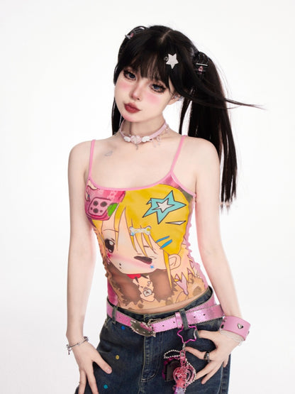 ピンクのY2K漫画ガールプリントTシャツ/キャミソールトップ